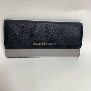 Michael Kors Wallet Long Rectangular Gray Black Metallic Spellout Leather